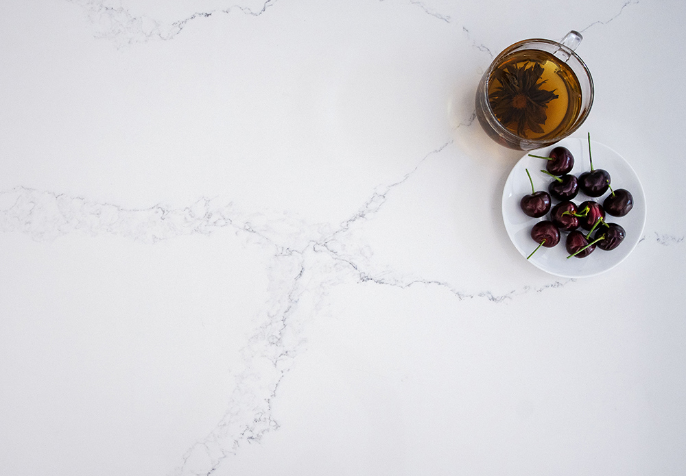 Calacatta Quartz Kitchen Countertops | White and Grey Quartz Countertops | 8016